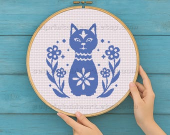 Scandinavian Cat Cross Stitch Pattern, Nordic Winter Feline Embroidery, Animal Folk Art Design, Cozy Norse Decor, Digital Download Gift PDF