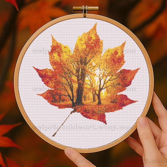 Autumn Forest Landscape in Maple Leaf Cross Stitch Pattern, Fall Leaf Embroidery, Romantic Woodland Rustic Cabin Wall Art Home Decor PDF