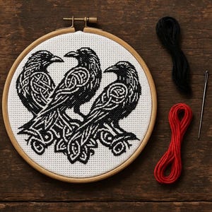 Three Raven Celtic Knot Cross Stitch, Scandi Norse Myth Raven Embroidery, Pagan Symbol Knotwork Needlework Gothmas Wall Art Digital Gift PDF