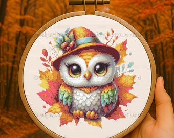 Rainbow Autumn Owl Cross Stitch Pattern, Woodland Colorful Bird Embroidery (PDF Pattern)