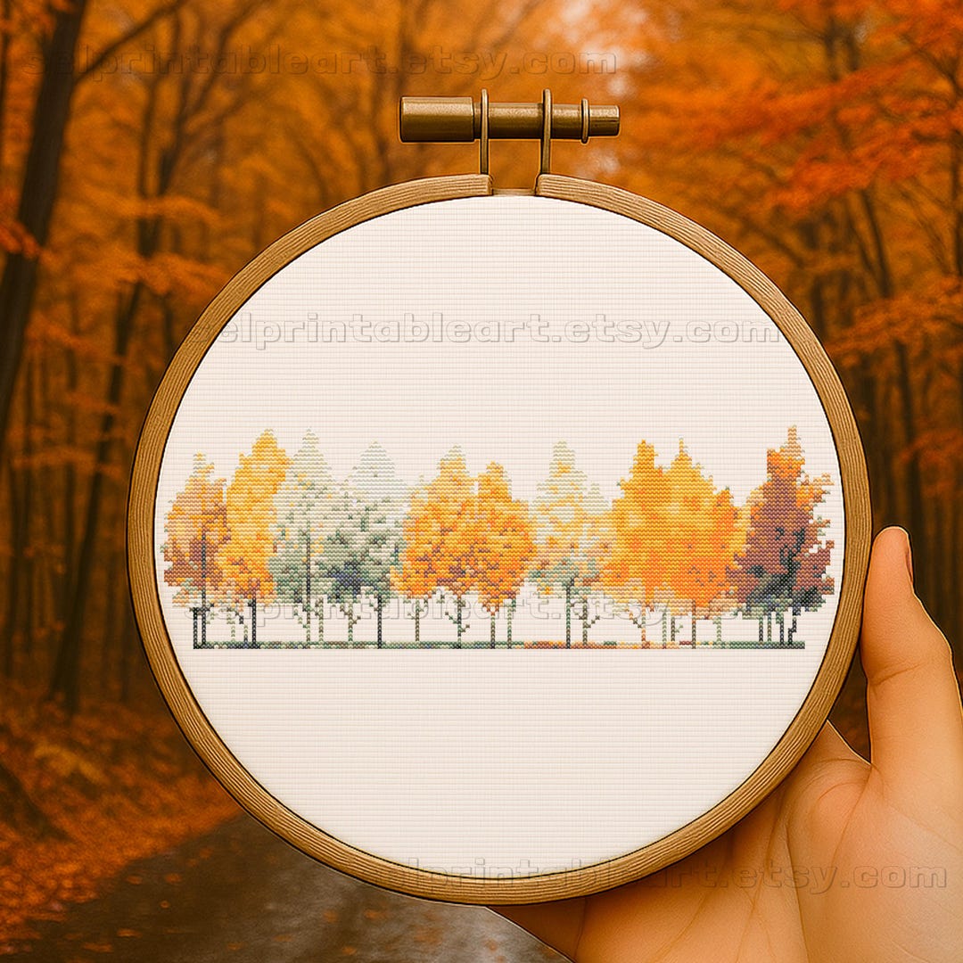 Autumn Forest Cross Stitch Border Pattern, Fall Trees Embroidery PDF ...