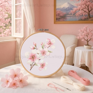 Sakura Kreuzstich Stickmuster, Japanische Kirschblüte Pattern PDF, Floral Hoop Art, Zen inspiriert Handmade DIY Wand und Wohndekor PDF