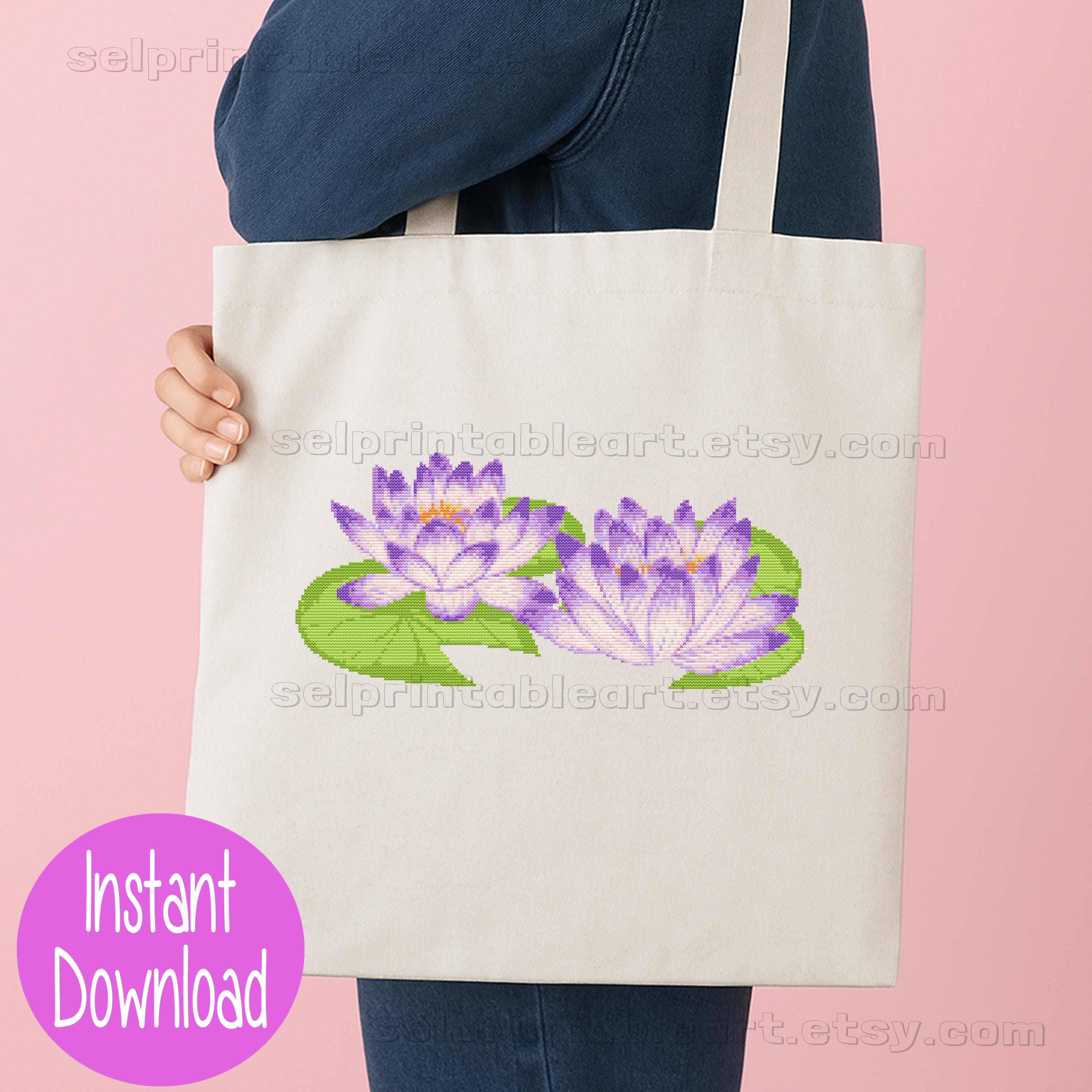 紫の蓮の花のクロスステッチ、禅の睡蓮の刺繍パターン、穏やかな