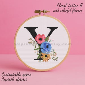 Patrón de punto de cruz con letra Y floral personalizada (PDF), gráfico de bordado con monograma del alfabeto, idea de regalo con diseño de bordado de letras florales