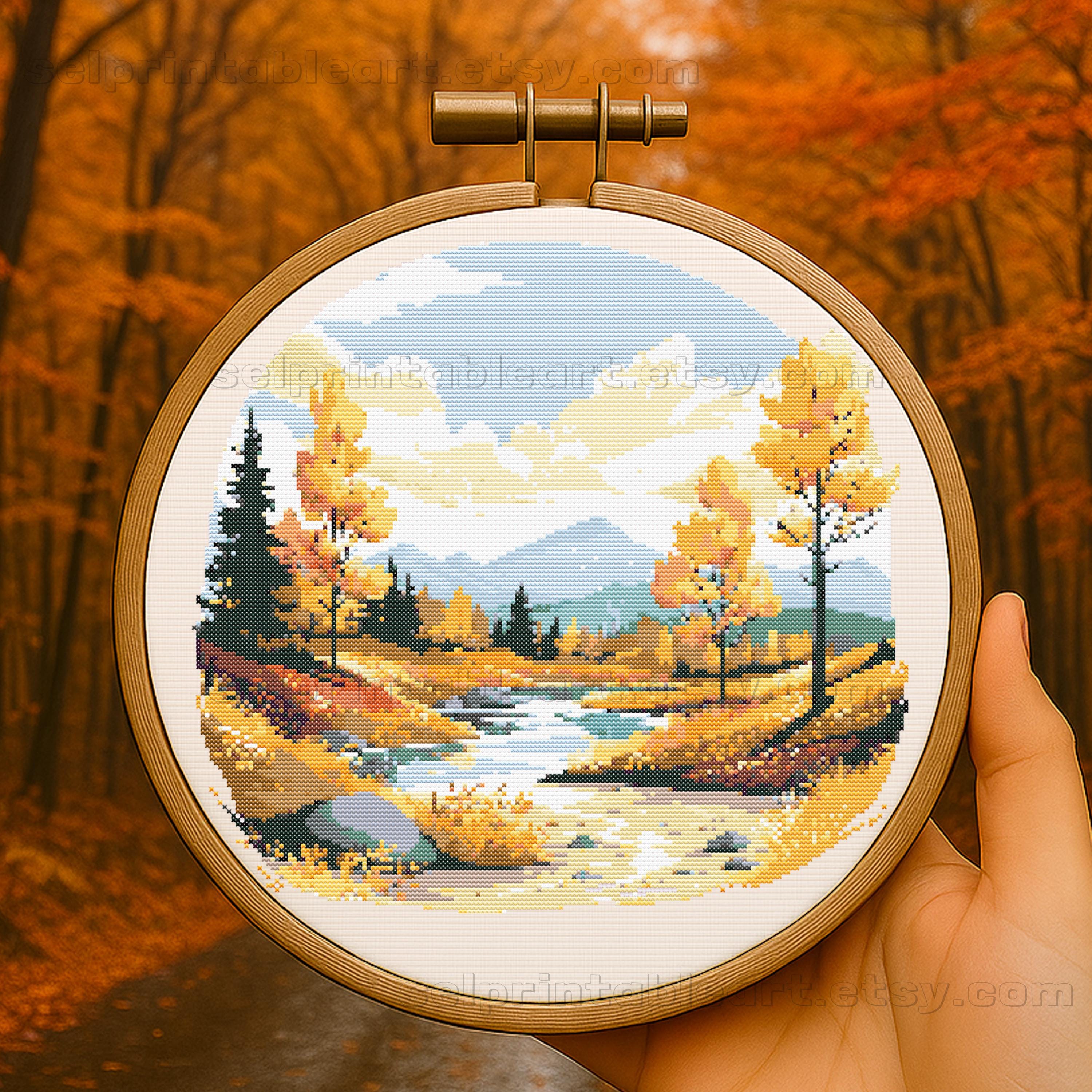 Autumn Yellow Forest Landscape Cross Stitch, Romantic Fall