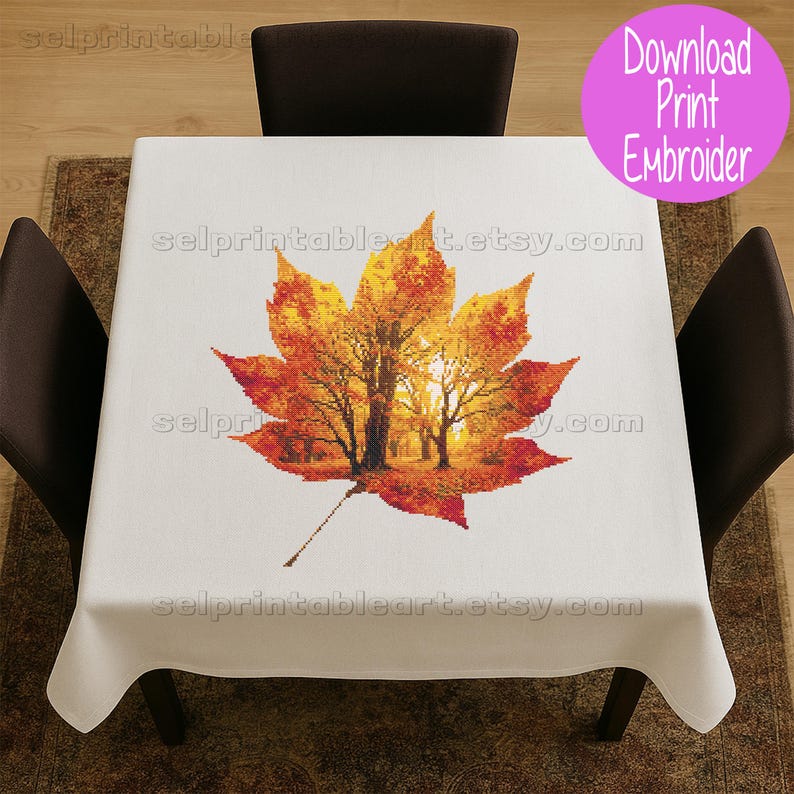 Romantic autumn forest landscape cross stitch inside a maple leaf design - Golden fall leaf embroidery pattern featuring a glowing woodland scene - Nature-inspired autumn decor – maple leaf cross stitch with forest sunlight - Rustic woodland fall embroidery, perfect for cozy seasonal wall art - Detailed maple leaf cross stitch pattern with a warm, romantic autumn theme