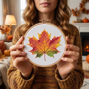 Fall Maple Leaf Cross Stitch Pattern, Autumn Embroidery, Cozy Cottage Home Decor (PDF)