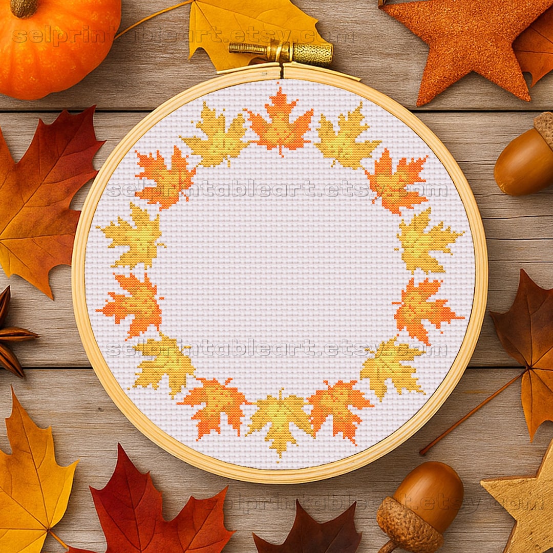 Maple Autumn Leaf Wreath Cross Stitch, Fall Embroidery Design, Cozy DIY ...