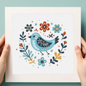 Kleurrijke volksvogel kruissteekpatroon pdf, volkskunst borduurontwerp voor doe-het-zelf handwerk, Boho dierenkaart direct downloaden cadeau