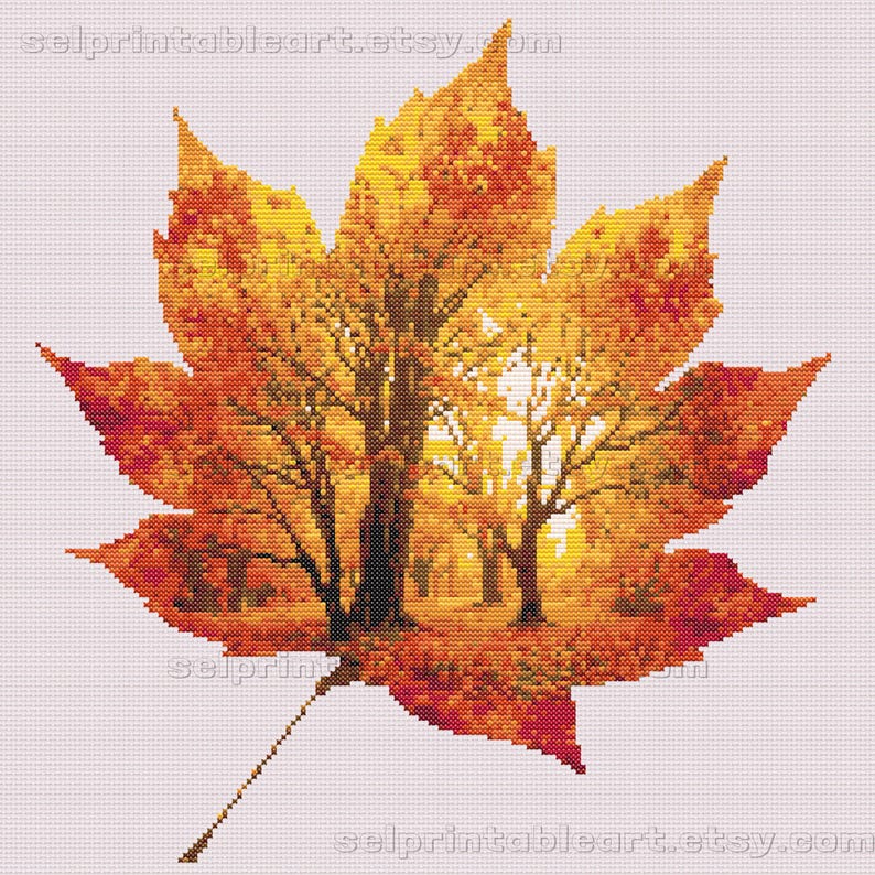 Romantic autumn forest landscape cross stitch inside a maple leaf design - Golden fall leaf embroidery pattern featuring a glowing woodland scene - Nature-inspired autumn decor – maple leaf cross stitch with forest sunlight - Rustic woodland fall embroidery, perfect for cozy seasonal wall art - Detailed maple leaf cross stitch pattern with a warm, romantic autumn theme