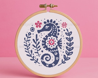 Scandinavian Floral Seahorse Cross Stitch, Nordic Folk Embroidery Pattern, Boho Nautical PDF, Floral Sea Animal Design, Instant Download