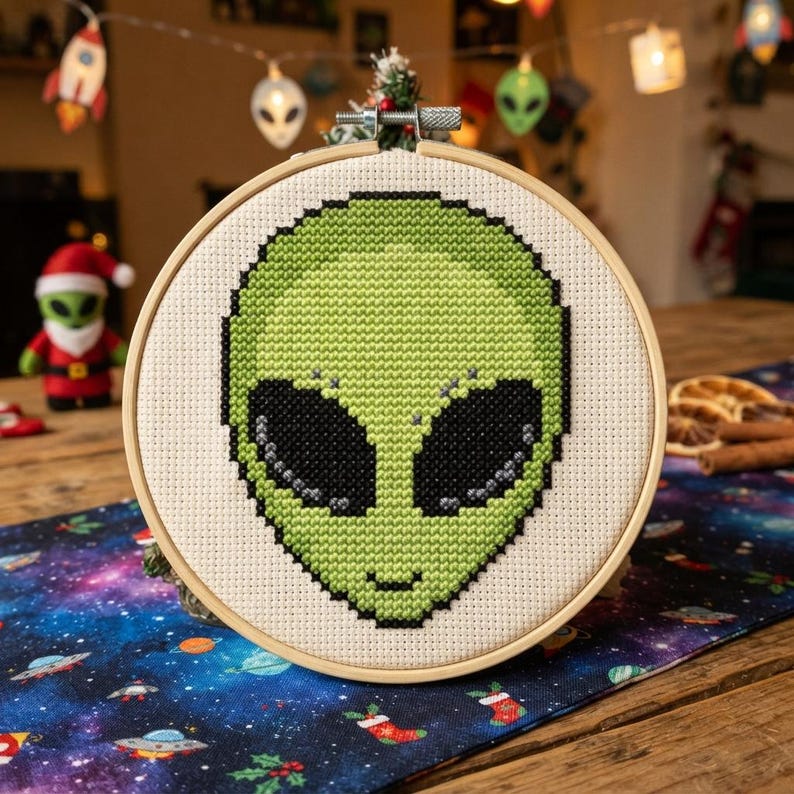 Alien Face Cross Stitch Pattern, Space Christmas Ornament, UFO ...