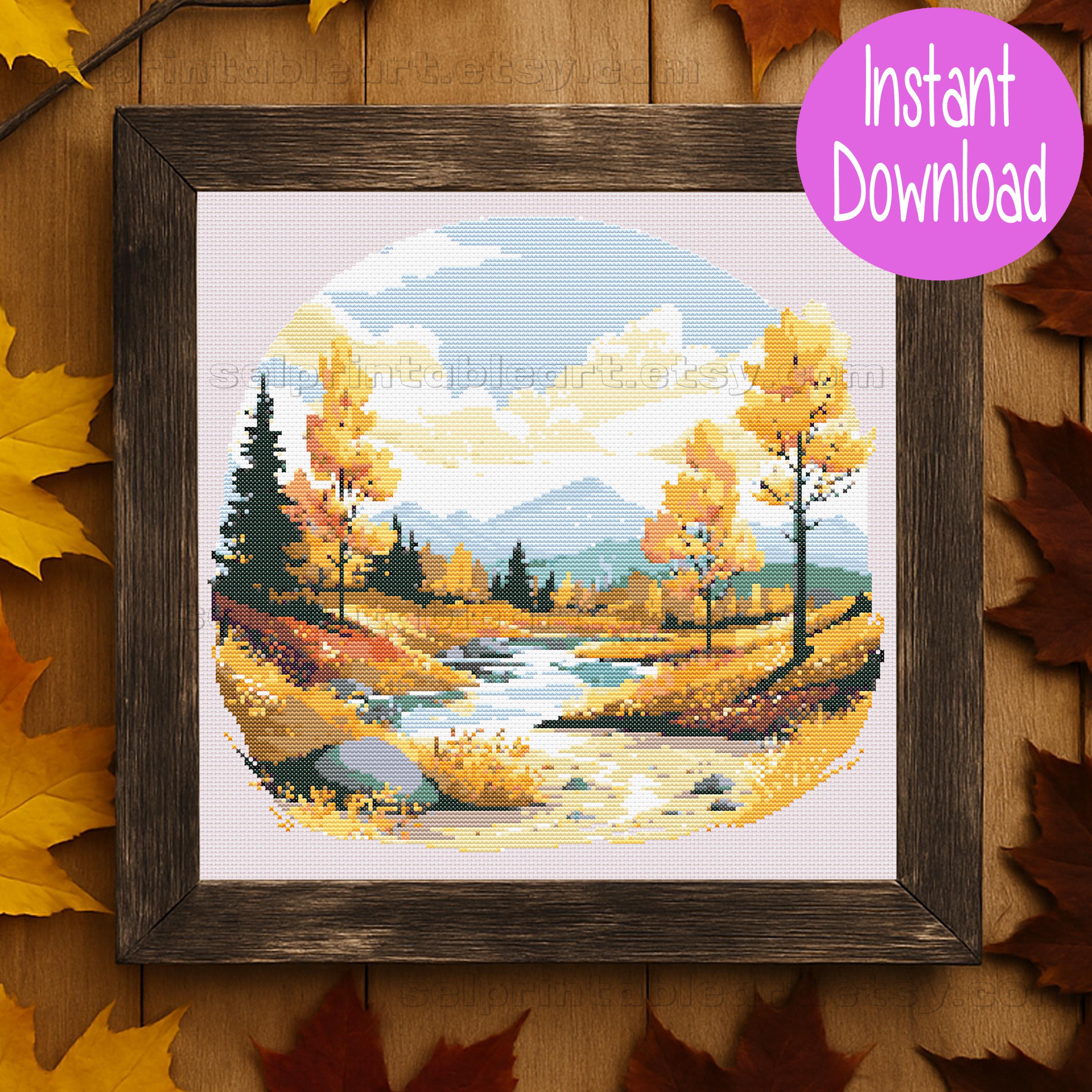 Autumn Yellow Forest Landscape Cross Stitch, Romantic Fall