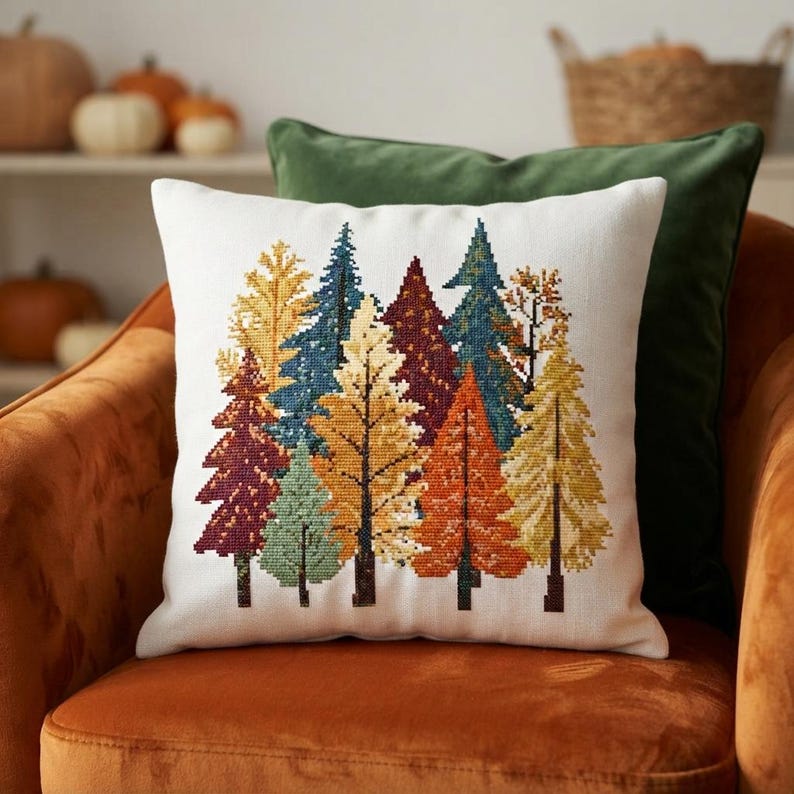 Fall Forest Pattern Autumn Forest Cross Stitch Pattern, Fall Foliage Embroidery, Woodland ...