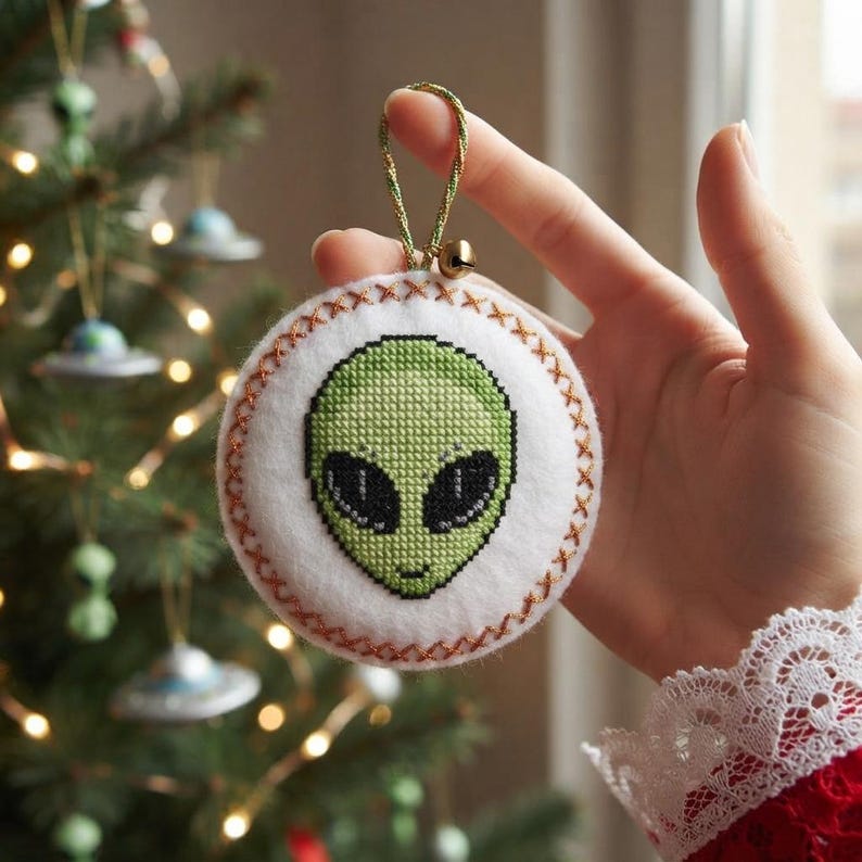 Alien Face Cross Stitch Pattern, Space Christmas Ornament, UFO ...