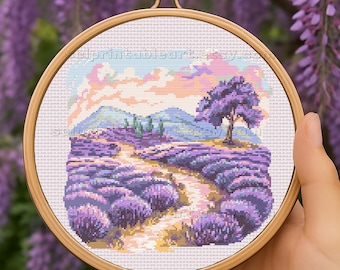 Lavendel boerderij landschap kruissteek, borduren paars veld platteland, bloemen natuur kunst aan de muur, DIY Home decor handwerken digitaal cadeau