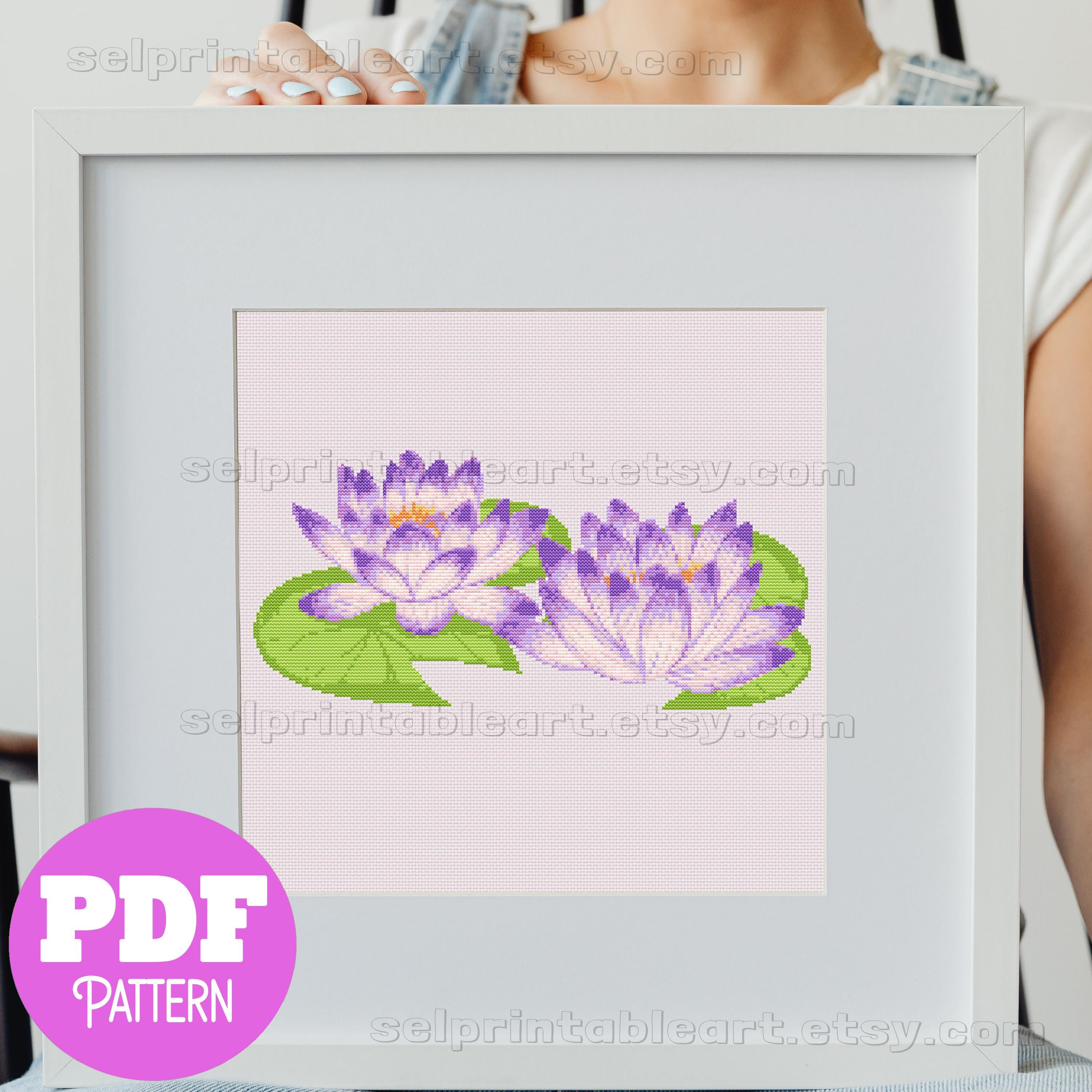 紫の蓮の花のクロスステッチ、禅の睡蓮の刺繍パターン、穏やかな