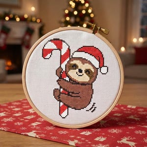 Puede incluir: Un bastidor de bordado circular de madera que contiene un patrón de punto de cruz de un perezoso marrón con un gorro de Papá Noel rojo y blanco. El perezoso sostiene un bastón de caramelo grande a rayas rojas y blancas sobre tela blanca.