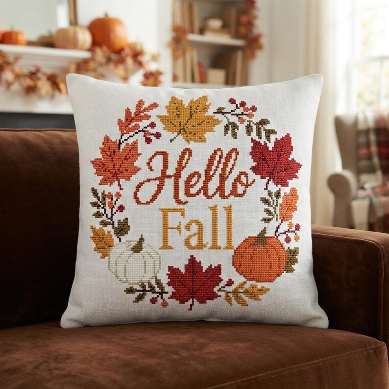 Stich Fall Drawing Fall Wreath Cross Stitch Pattern, Maple Leaf Foliage Embroidery, Autumn ...