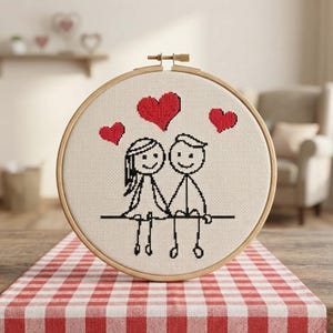 Patrón de punto de cruz de pareja de figuras de palitos, bordado de amantes románticos, decoración para el hogar de San Valentín (PDF)