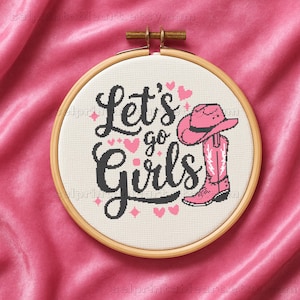 Chapeau et bottes de cow-girl roses, broderie western au point de croix - Cadeau motif western moderne Power Girl - Décoration d'intérieur country cow-boy féminine PDF