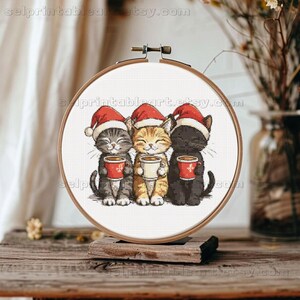 Winter cats cross stitch embroidery, cute and funny cats design, christmas cats home decor DIY, punto de cruz patron, cartoon cats pattern