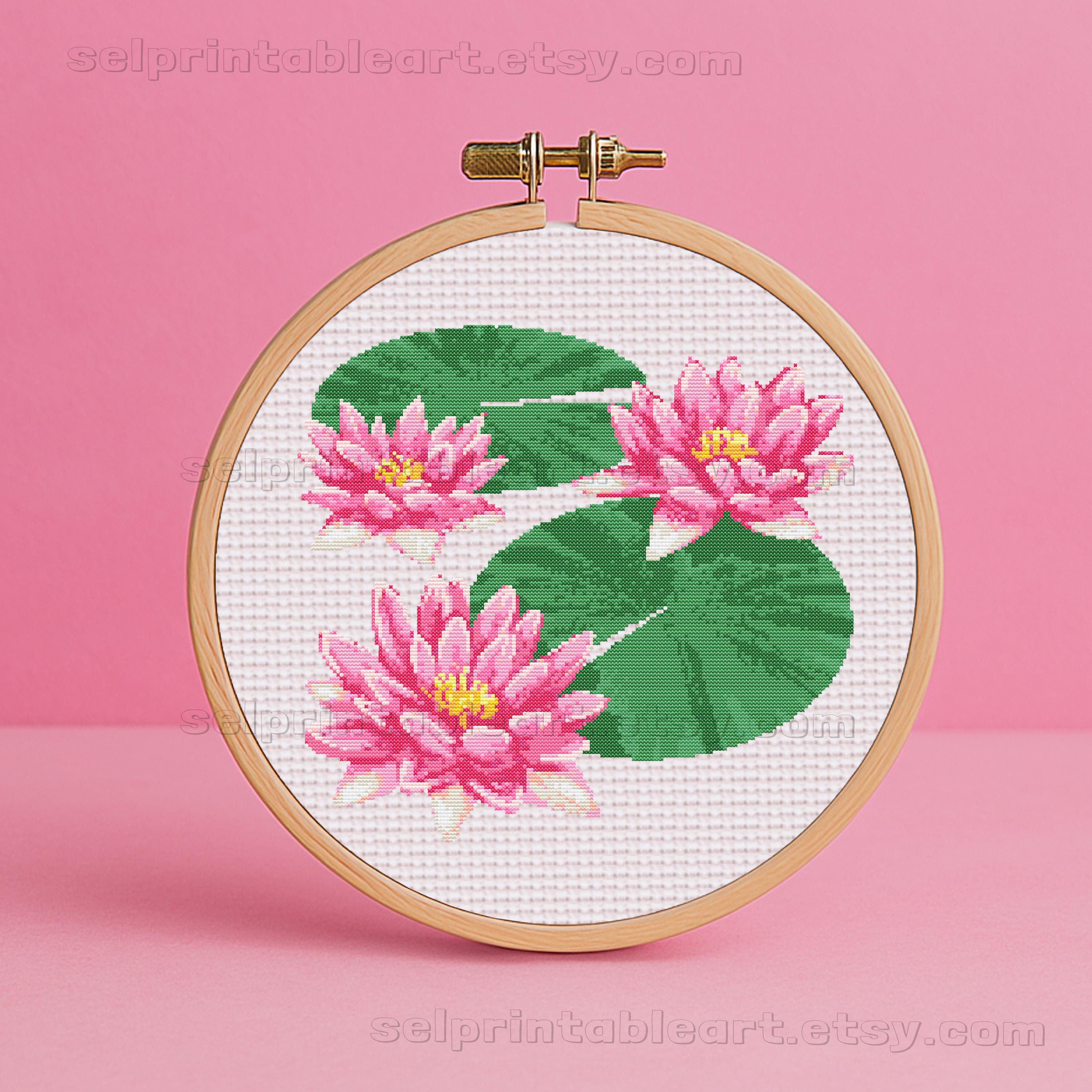 蓮の花のクロスステッチ刺繍、睡蓮のニードルポイントパターン、花の手