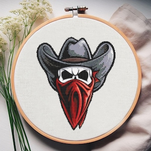 Tête de mort hors-la-loi avec chapeau de cowboy, motif de broderie au point de croix, modèle de broderie facile pour les amateurs de western et de divertissement, téléchargement rapide des fichiers PDF