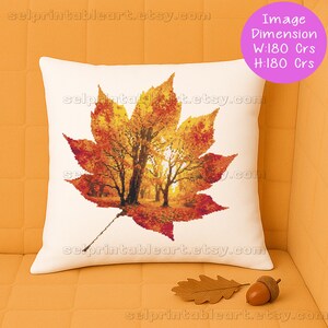 Romantic autumn forest landscape cross stitch inside a maple leaf design - Golden fall leaf embroidery pattern featuring a glowing woodland scene - Nature-inspired autumn decor – maple leaf cross stitch with forest sunlight - Rustic woodland fall embroidery, perfect for cozy seasonal wall art - Detailed maple leaf cross stitch pattern with a warm, romantic autumn theme