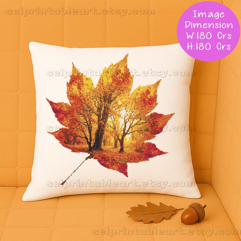 Romantic autumn forest landscape cross stitch inside a maple leaf design - Golden fall leaf embroidery pattern featuring a glowing woodland scene - Nature-inspired autumn decor – maple leaf cross stitch with forest sunlight - Rustic woodland fall embroidery, perfect for cozy seasonal wall art - Detailed maple leaf cross stitch pattern with a warm, romantic autumn theme