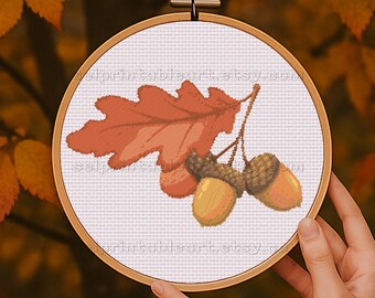 クロスステッチのどんぐり模様、初心者向け簡単、ミニ手刺繍模様、森の
