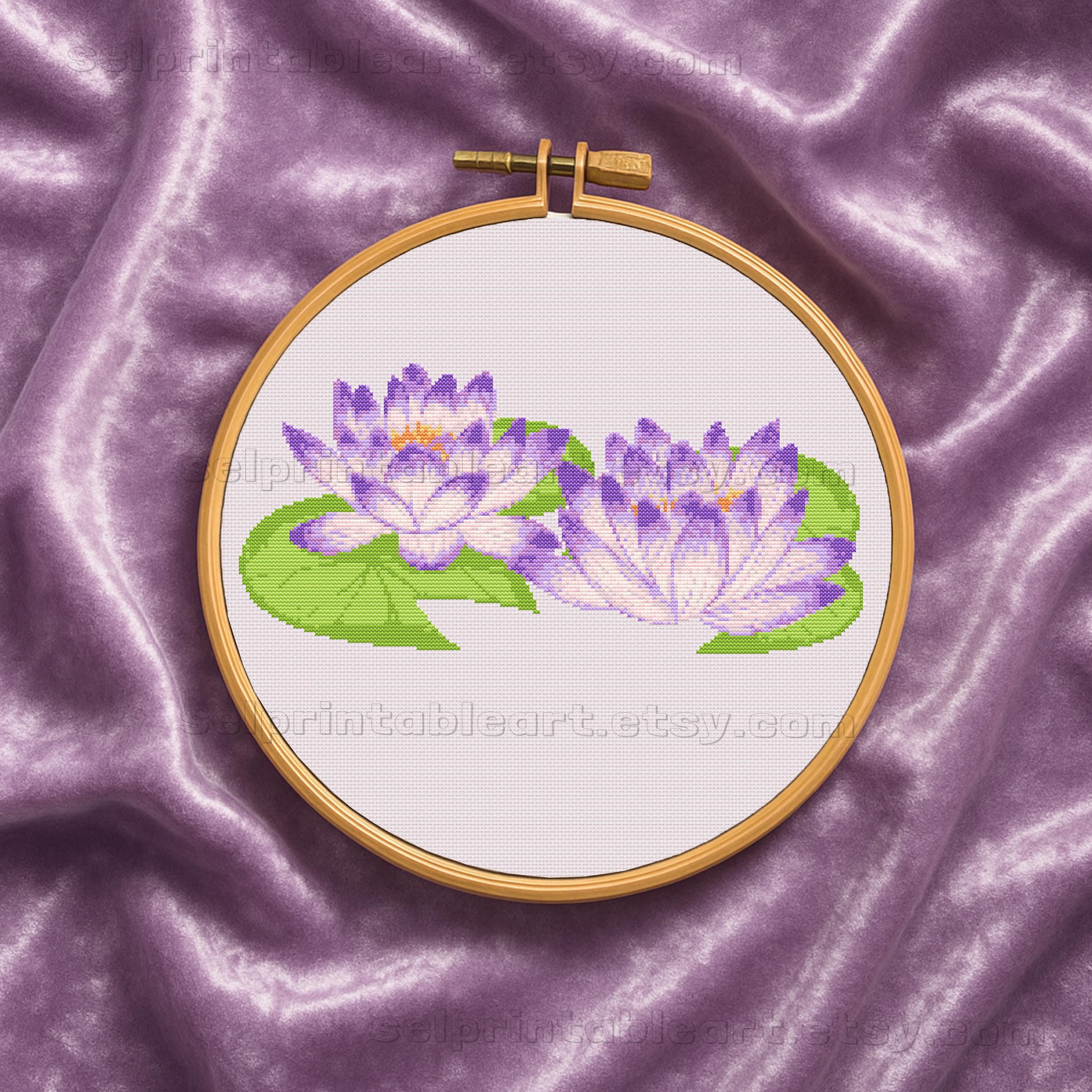 紫の蓮の花のクロスステッチ、禅の睡蓮の刺繍パターン、穏やかな