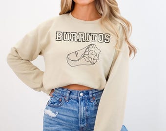 Sudadera Burritos: Divertida camiseta de cuello redondo para amantes de la comida, ideal para viajar a México