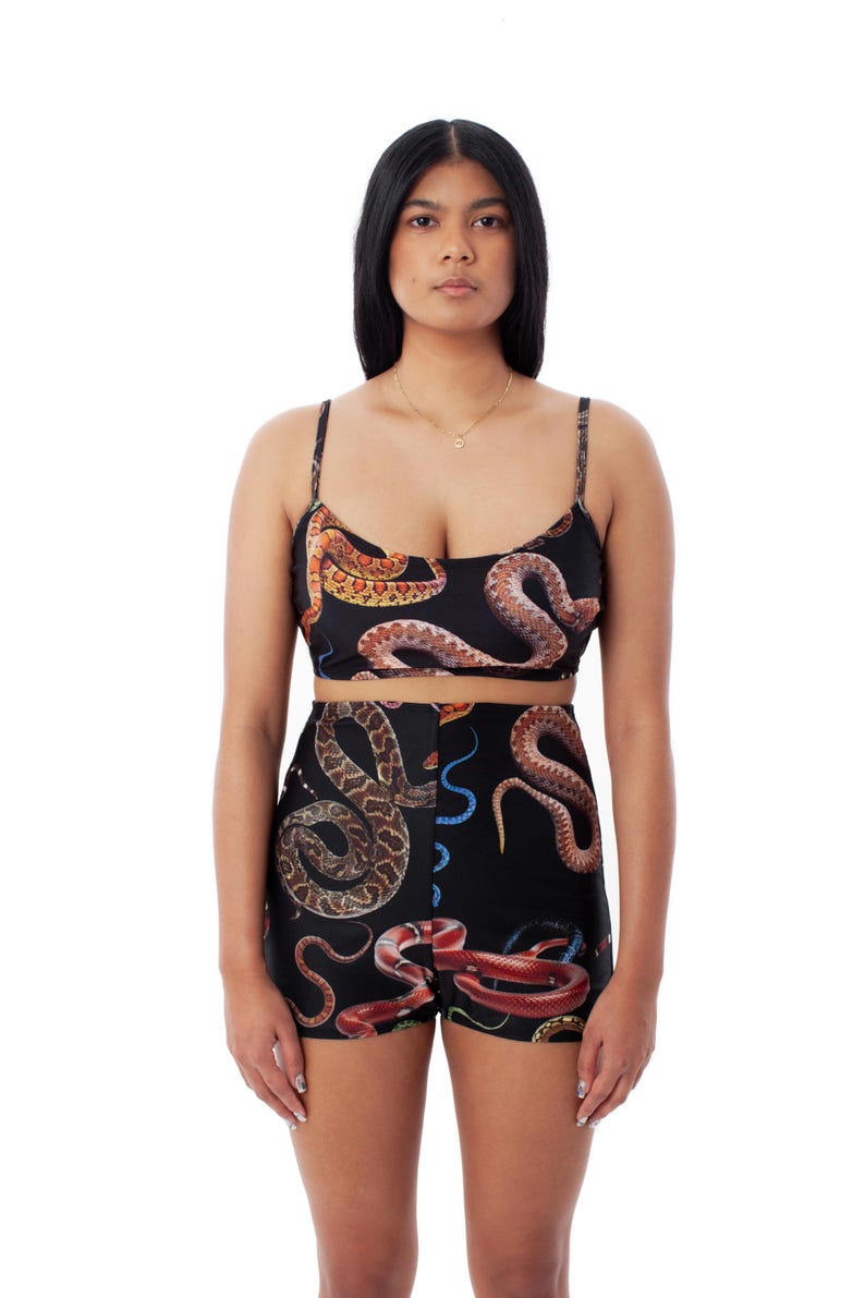 high-waisted swim short in snake print