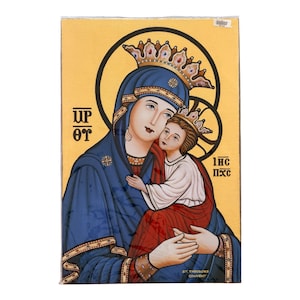 May include: An icon depicting a woman and child, both crowned. The woman wears a blue robe and holds the child, who is dressed in white and red. The background is gold with black circular accents and text. The image is labeled "St. Theodore Convent."