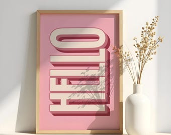 Retro Pink Hello Print: Entryway Typography Art (Digital Download)