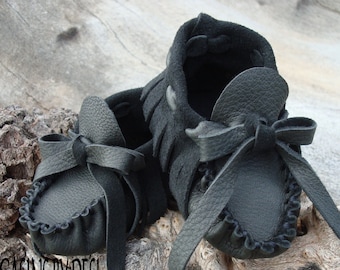 Baby Moccasins By Desi, Black Deerskin Leather, 3 3/4" Long, Booties, Shoes, Halloween Outfit, Winter Wear, Soft Soled, Wedding Tuxedo black