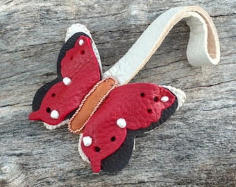 Butterfly Beaded HandBag Charm, Genuine Leather, Loop Tie On, Purse Bag Fob, Tote, Colorful, Pearls, Cream, Black, Red, Insect Bug, Woodland
