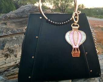 Hot Air Balloon HandBag Charm, Genuine Metallic Leather, 6 1/4" long, New Mexico Theme Gift, Purse Bag Fob, Beaded Clip On, Rose Gold Pink