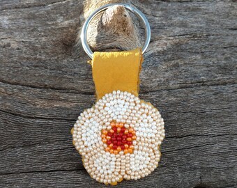 Flower Beaded KeyChain, mustard yellow bison Leather, Key Ring, Purse Charm, Bag Fob, Unique, Women, Girl, Easter Gift Keepsake, Heirloom