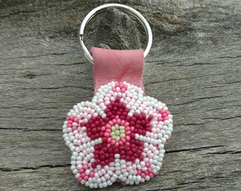 Flower Beaded KeyChain, Pink Deerskin Leather, Key Ring, Purse Charm, Bag Fob, Unique, Women, Keepsake Gift, White, Bead work, Ladies, Girl
