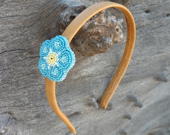 Flower Leather Headband, Beaded, Beadwork, Forget Me Not, Blue, Hair Jewelry, Regalia, Tribal, Ceremonial Wedding Wear, Alaska State flower