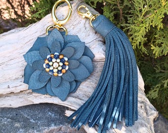 Flower Handbag Clip On Charm With Tassel Set, Genuine Real Leather, Large Purse Fob, Hand Bag Tote, Floral Beaded Pearls, Smokey Blue Fringe