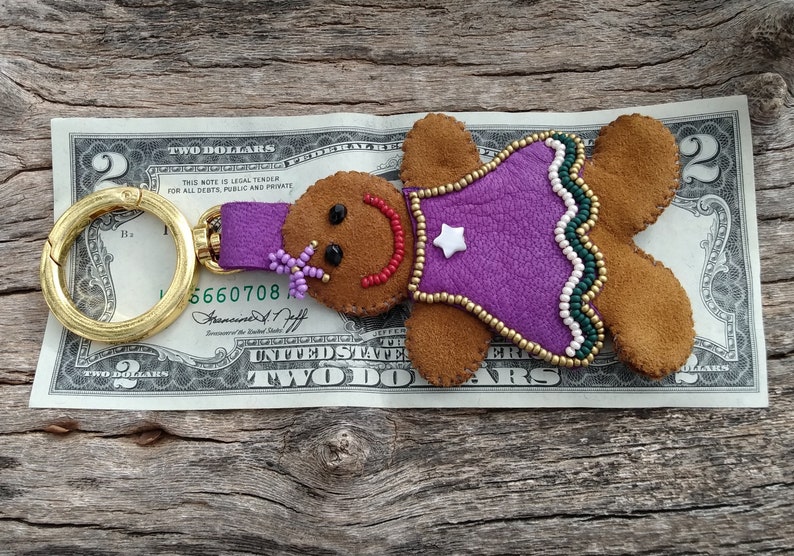 Purple Dress, Christmas Leather Gingerbread Girl Handbag Charm Tote Purse Gold Clip On Fob Genuine Leather Hand Bag Holiday Brown