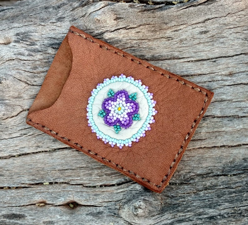 Beaded Purple Flower Women/'s Wallet Compact Leather Card Holder Beadwork Credit Or Gift Card Business Card Genuine Brown Deerskin