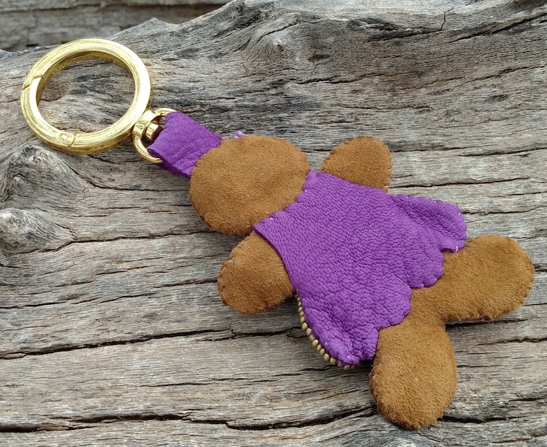 Purple Dress, Christmas Leather Gingerbread Girl Handbag Charm Tote Purse Gold Clip On Fob Genuine Leather Hand Bag Holiday Brown