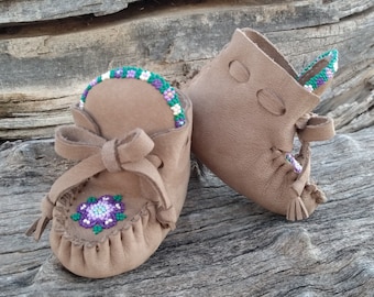 Baby Beaded Moccasins, Deerskin Leather, Girl, Flower, 3 3/4" Long, Soft Soled Ankle Booties, Regalia, Boots, Purple Flowers, Floral