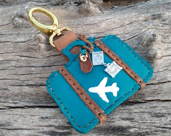 Luggage Bag Handbag Charm, Genuine Leather, Gold Clip On, Travel Trip Vacation Adventure, Fob Tote Purse Bag, Plane Suitcase, Deep Turquoise