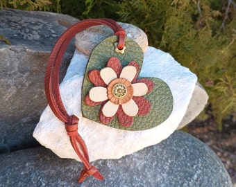 Heart & Flower Handbag Charm, Genuine Leather, Tie On, Beaded, Boho Purse, Bag Fob Tassel Hobo Tote, Olive Green, Terracotta, Valentine's