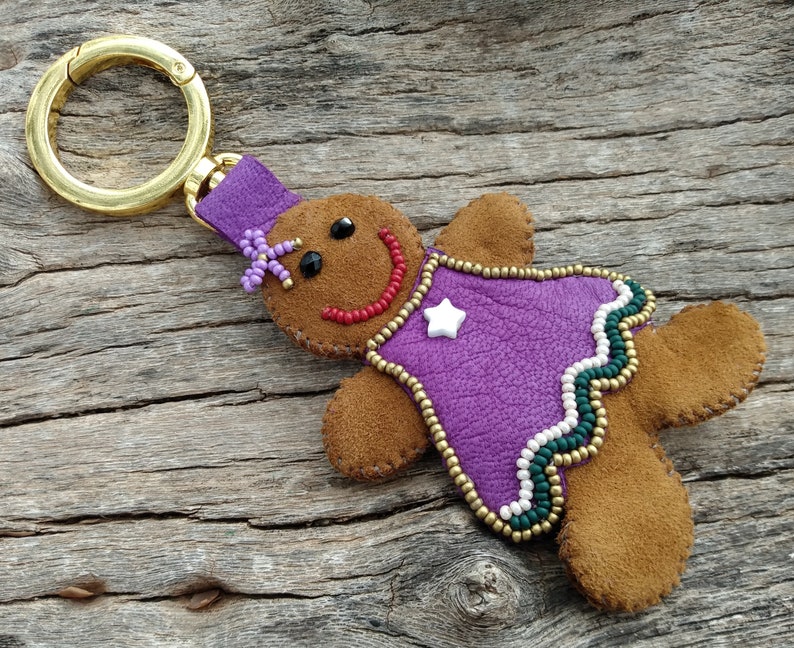 Purple Dress, Christmas Leather Gingerbread Girl Handbag Charm Tote Purse Gold Clip On Fob Genuine Leather Hand Bag Holiday Brown